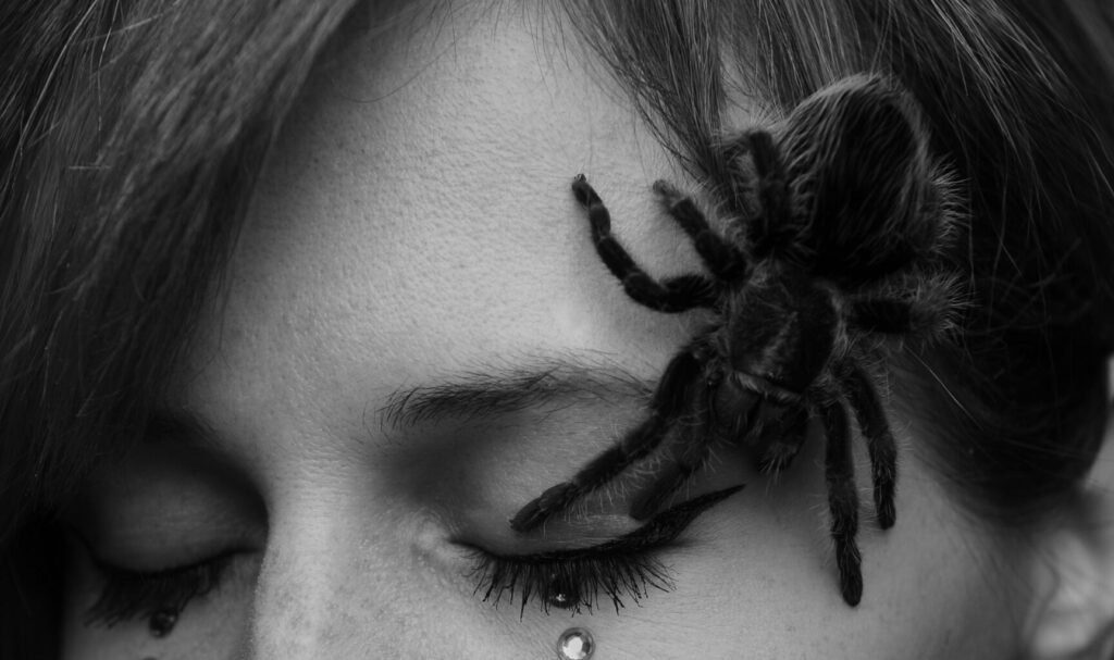 Black and white woman with closed eyes and spider placed on face in studio